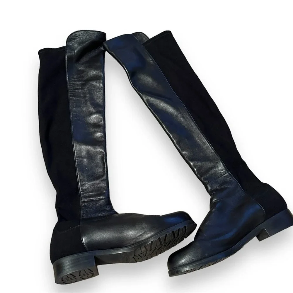 Stuart Weitzman Black 5050 Lift Knee High‎ Pull-On Leather Boots Sz 6.5